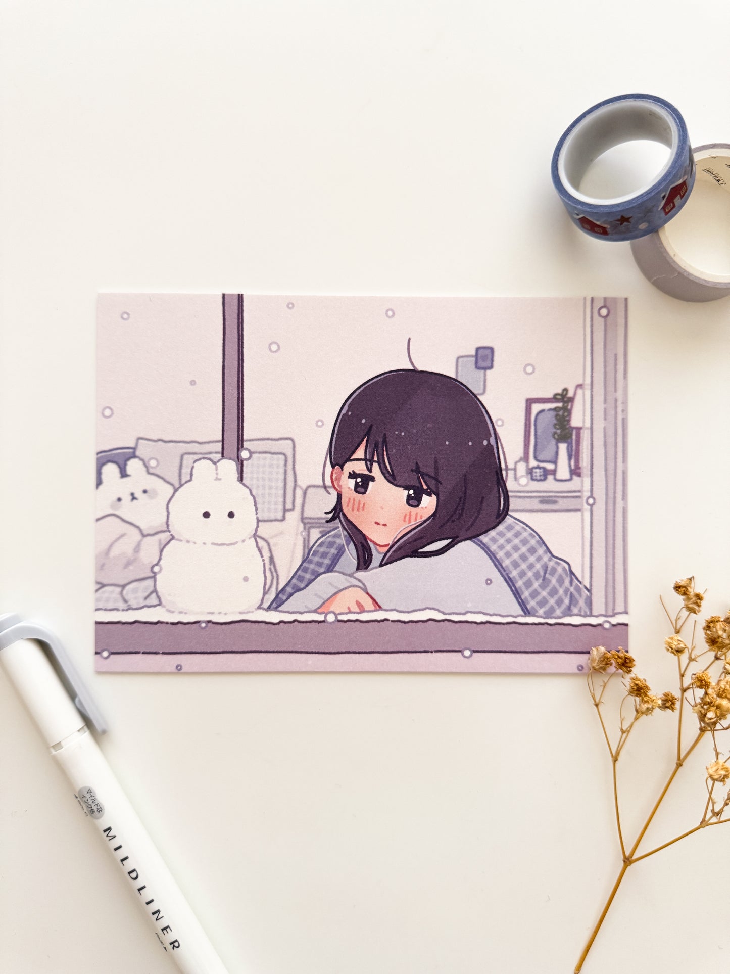 Snowbunny in the Window Postcard Style Art Print