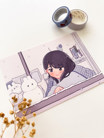 Snowbunny in the Window Postcard Style Art Print