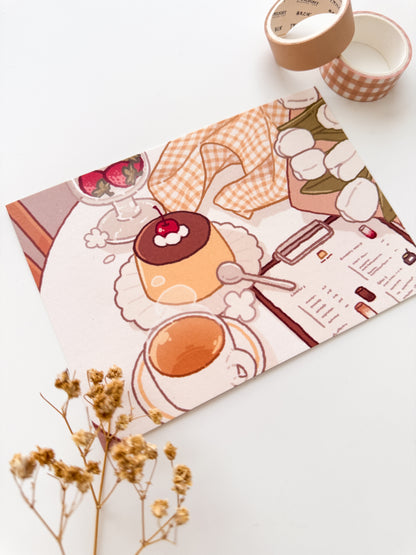 Purin, Tea & Tulips Cafe Table Postcard Style Art Print