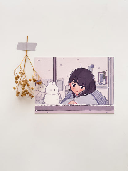 Snowbunny in the Window Postcard Style Art Print
